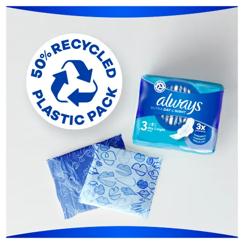 50% recycled plastic pack of Always Ultra Day & Night sanitary pads with wings