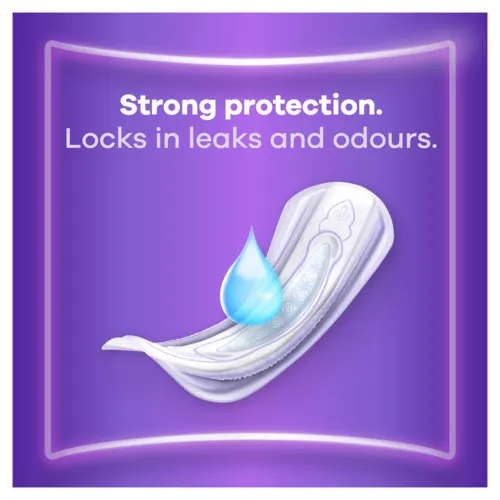 Pad with illustrated drop above core to show the pad locks leaks and odours.