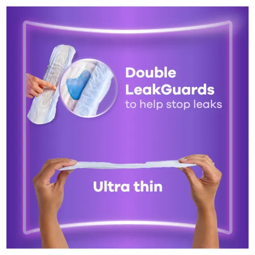 Hands holding ultra thin pad whose Double LeakGuards help stop leaks.