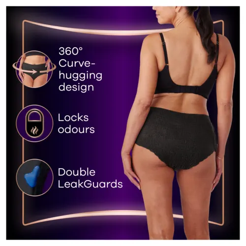 Woman wearing pants that have a 360° snug fit design, Double LeakGuards, and lock odours.