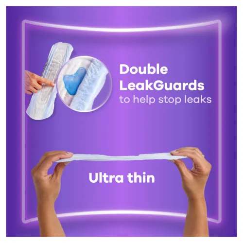 Hands holding ultra thin pad whose Double LeakGuards help stop leaks.