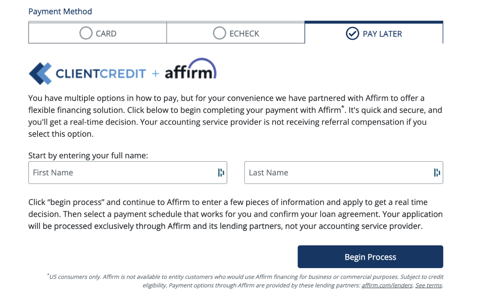 ClientCredit payment option alongside card and eCheck on the client's payment page