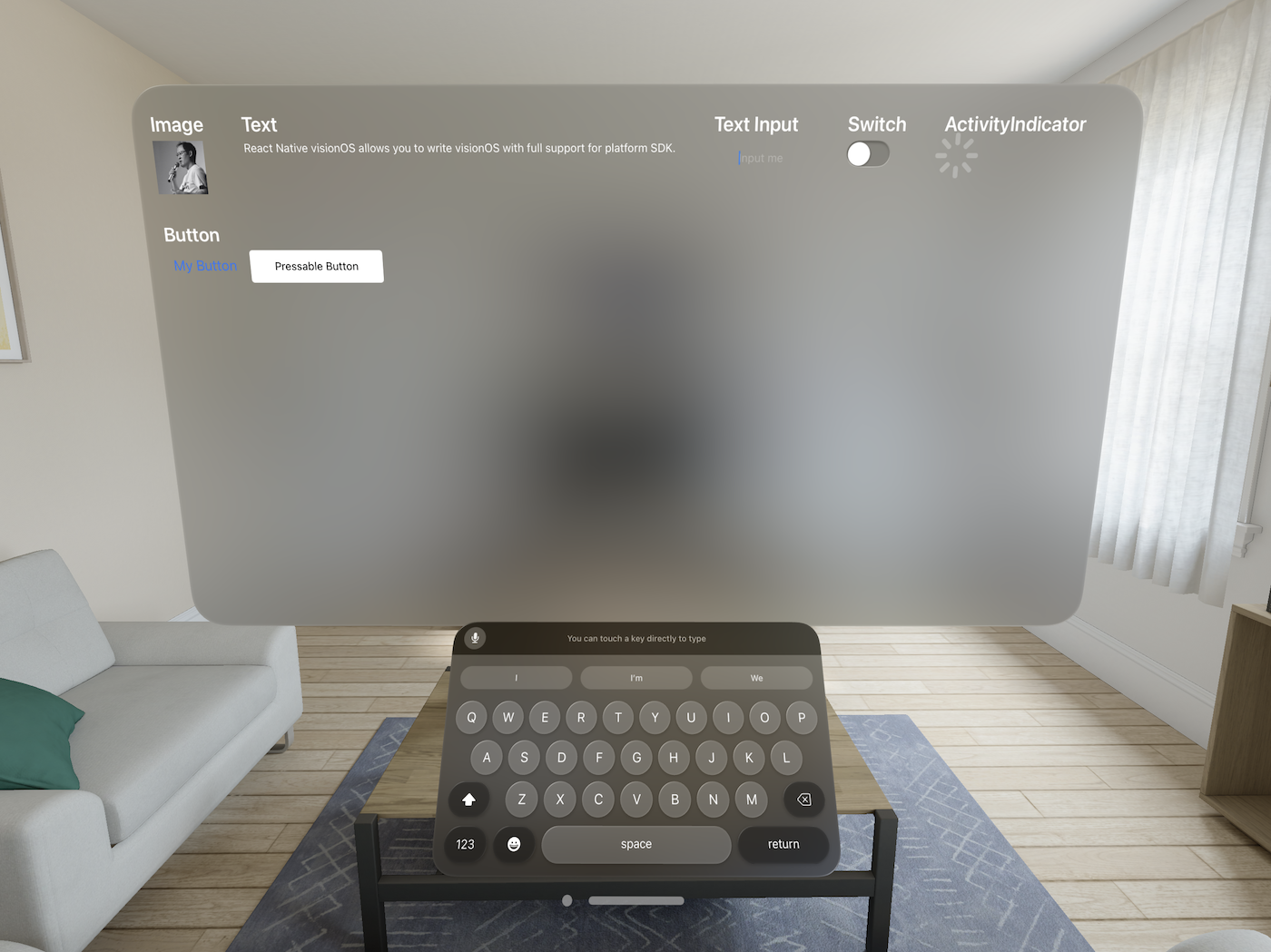 VisionOS のシミュレータで React Native のコンポーネントを表示したところ