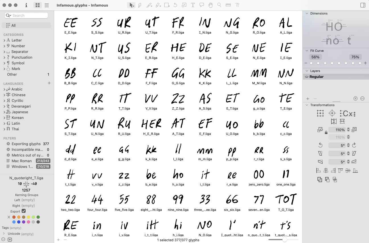 Infamous Font ligatures in Glyphs App 