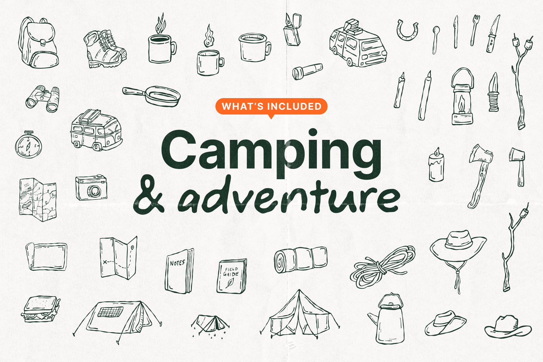 The Camping & Outdoors Illustration Collection: 94 handmade illustrations of plants, animals, outdoors, adventure, nature and more.