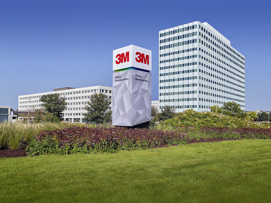 The 3M logo marquee, in front of the 3M building