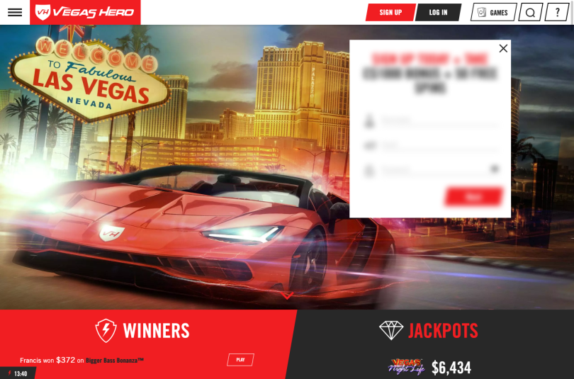Vegas Hero homepage