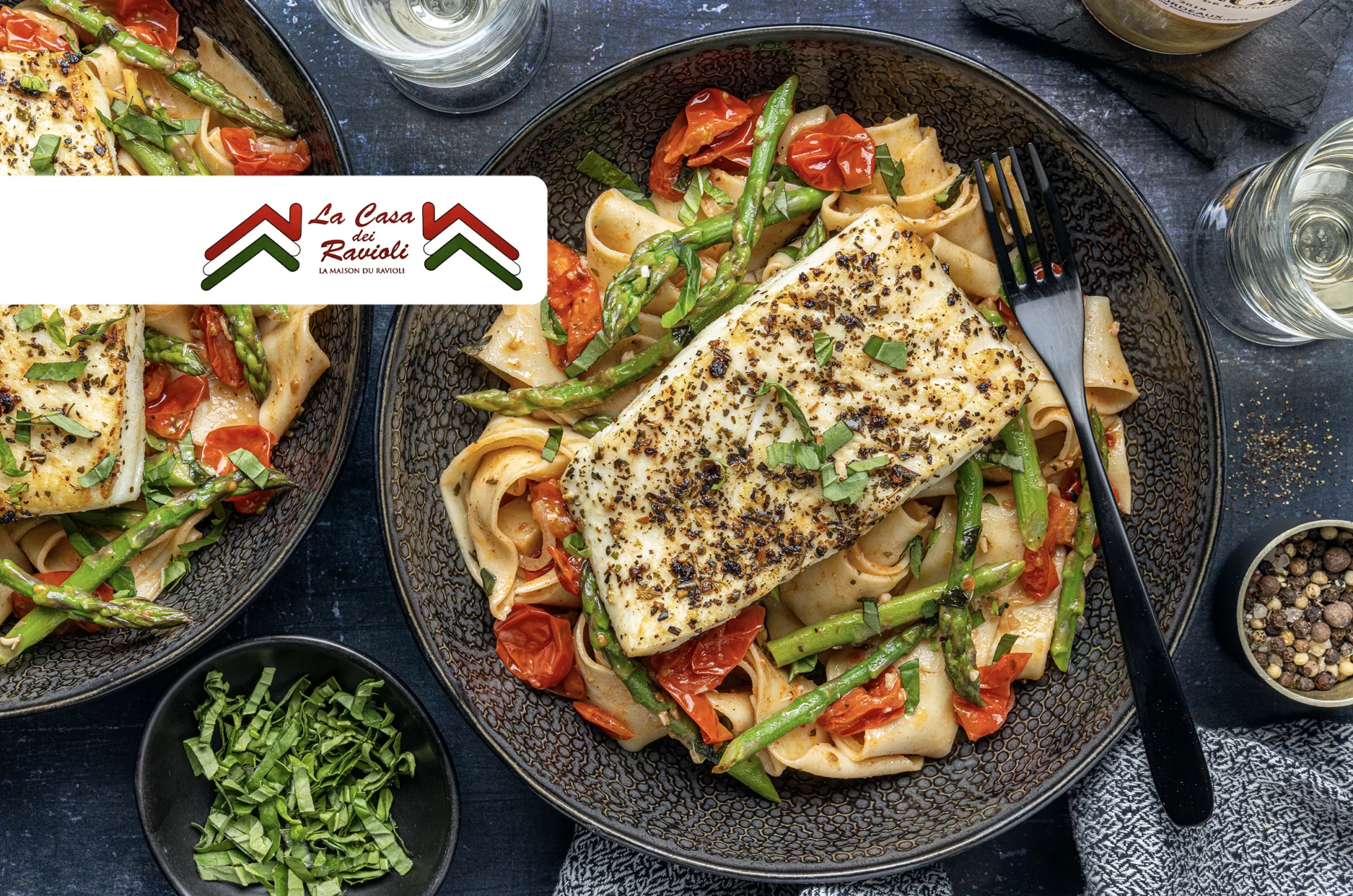 Tuscan Pan-Seared Pacific Halibut over Pappardelle Primavera with Tomato Butter & Asparagus