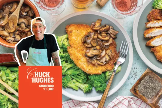 Schnitzels de poitrine de poulet avec ragu aux champignons Chuck Hughes Goodfood et Chef