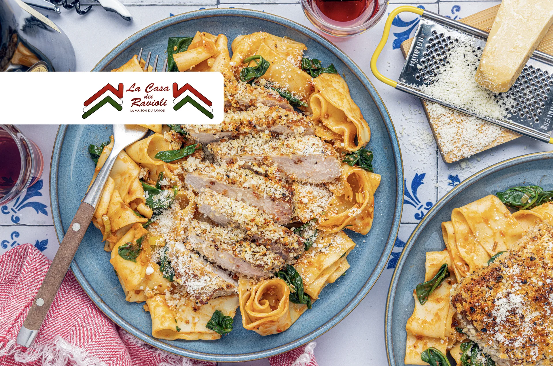 Grana Padano-Crusted Pork Chops over Spinach & Leek Pappardelle