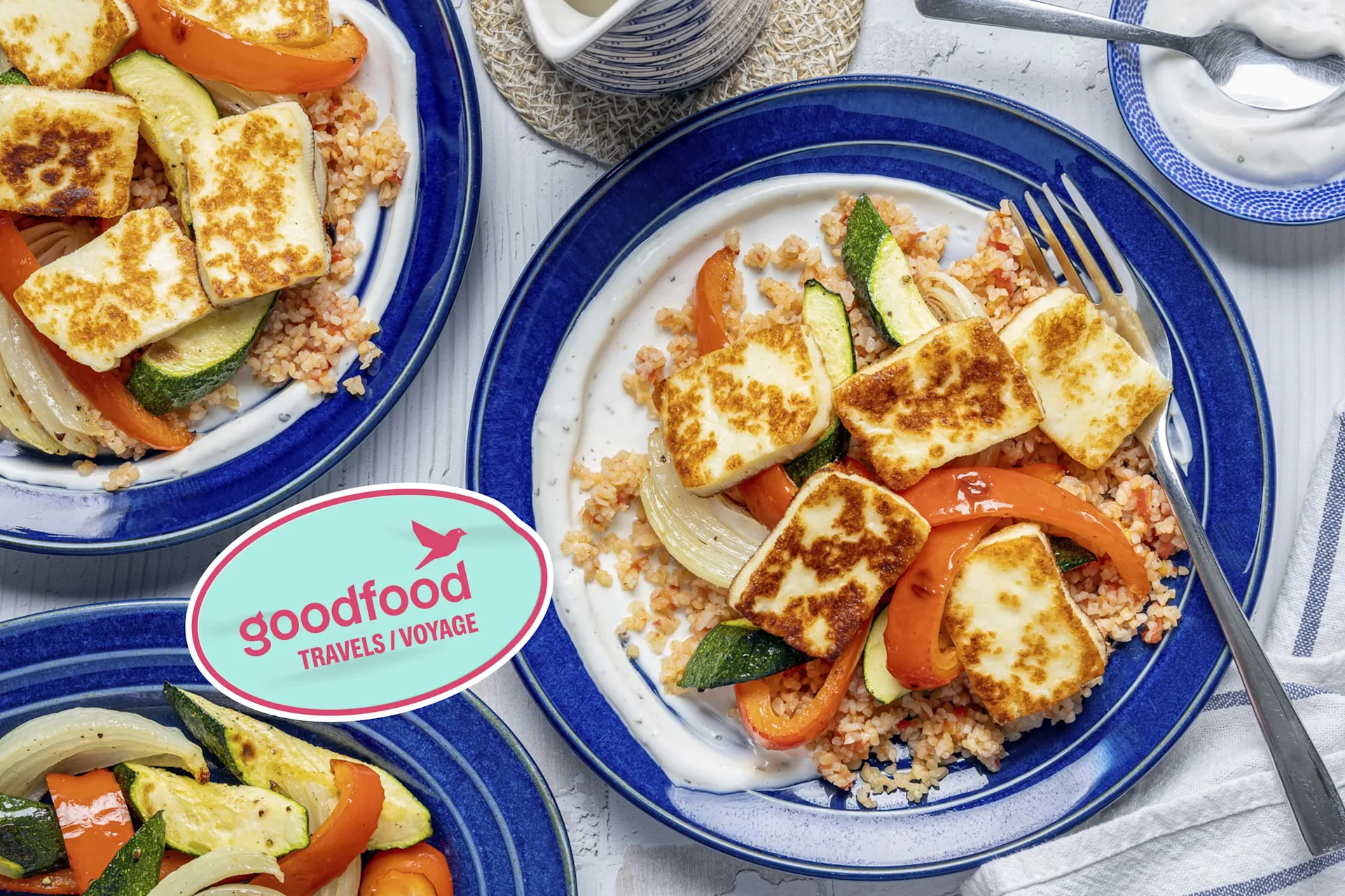 GREECE COLLAB Roasted Vegetables & Halloumi over Tomato Bulgur Wheat Pilaf BS CL-26 W557