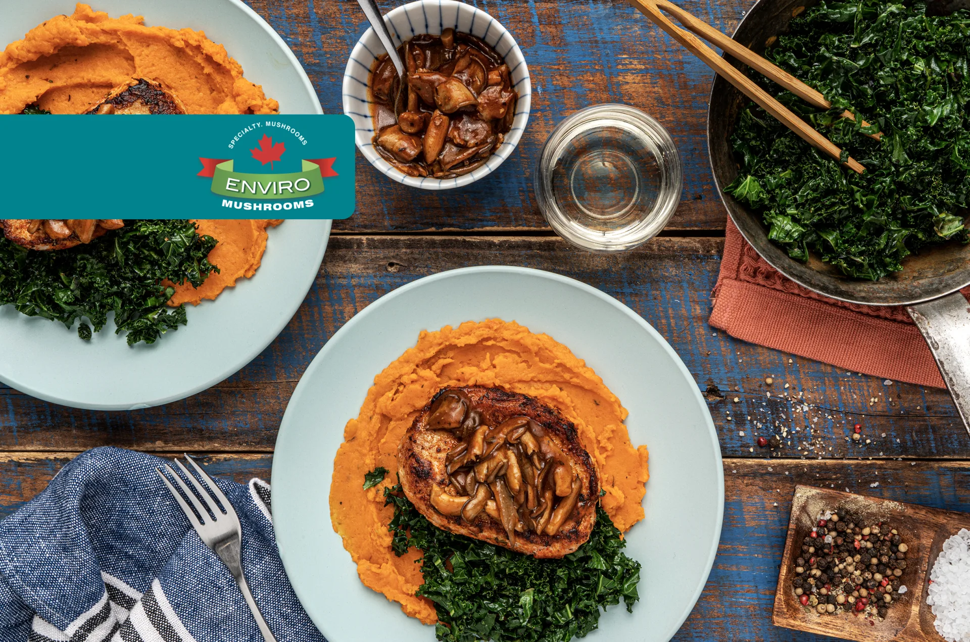 Seared Pork Chops & Black Oyster Mushroom Pan Jus With Wilted Kale & Sweet Potato Smash