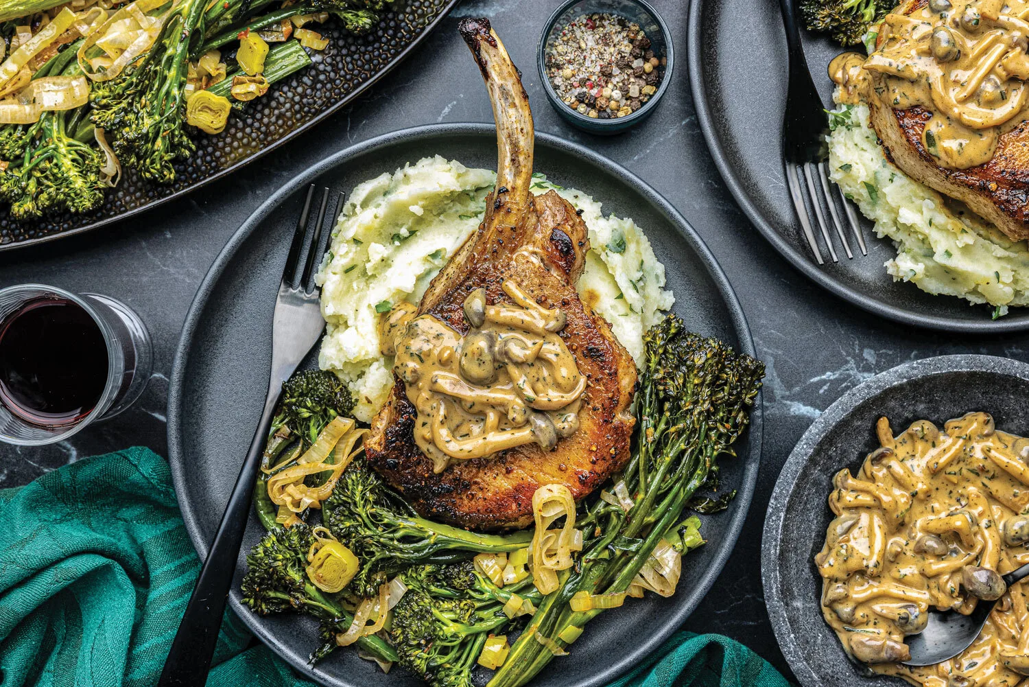 Bone-in-Pork-Chop-with-Mushroom-Mascarpone-Sauce,-Herby-Mash,-Broccolini-&-Leeks-ARt-BS-W474-Edit