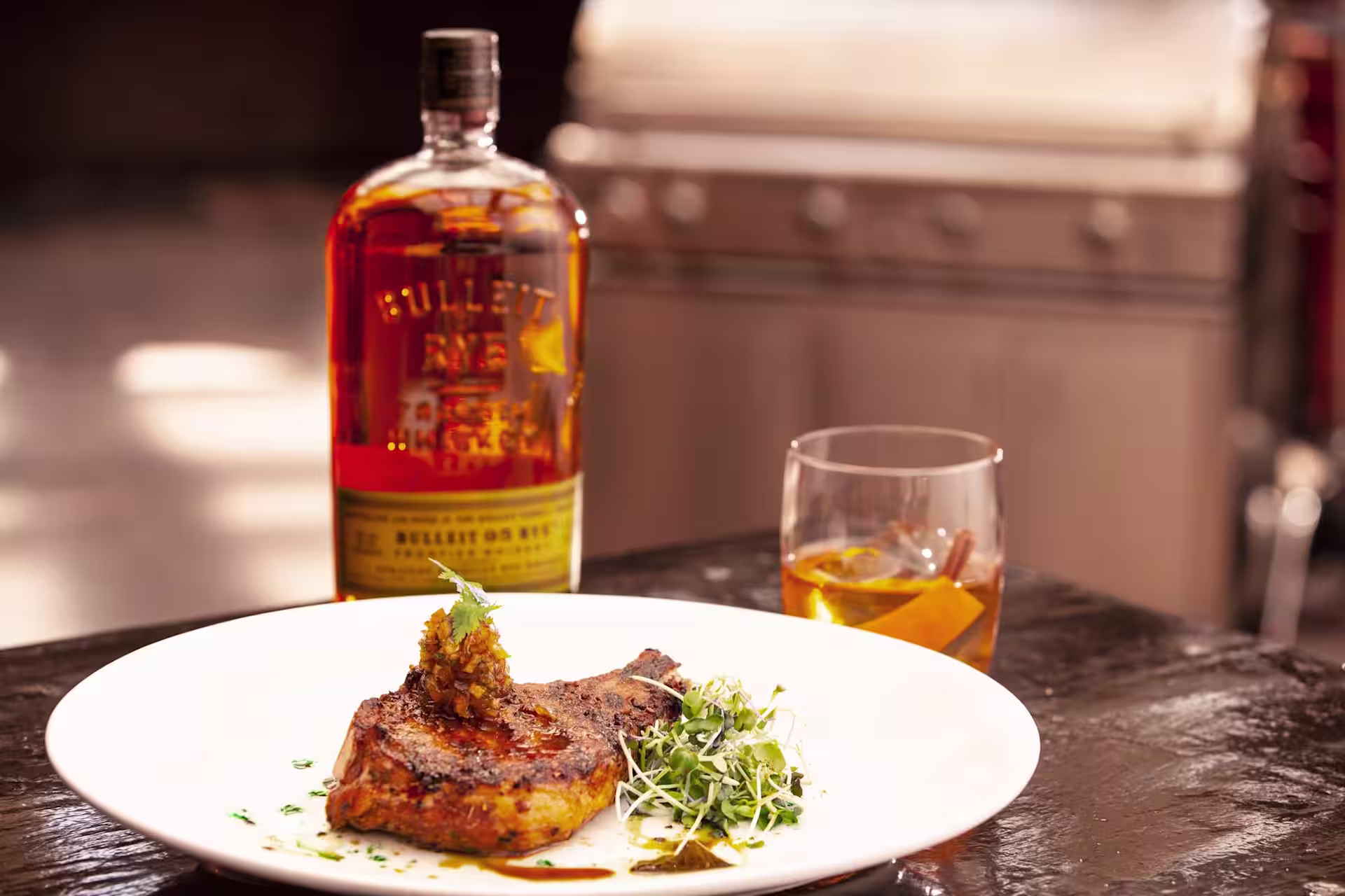 Smoked Pork Chops with Rye Apple Jam & Bulleit Rye Apple Old Fashioned hero