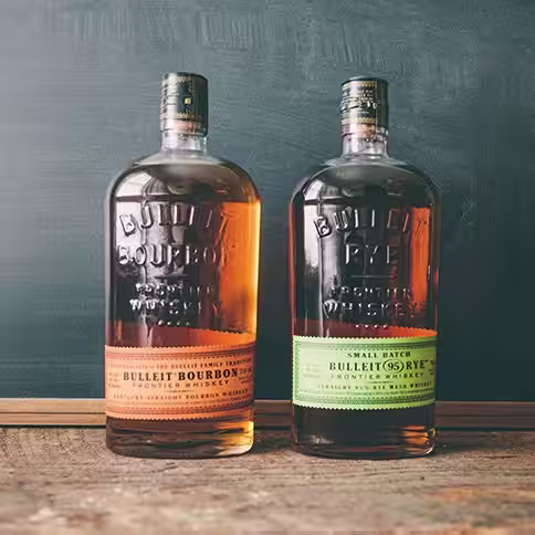 Two bottles of Whiskey - Bulleit Bourbon and Bulleit Rye