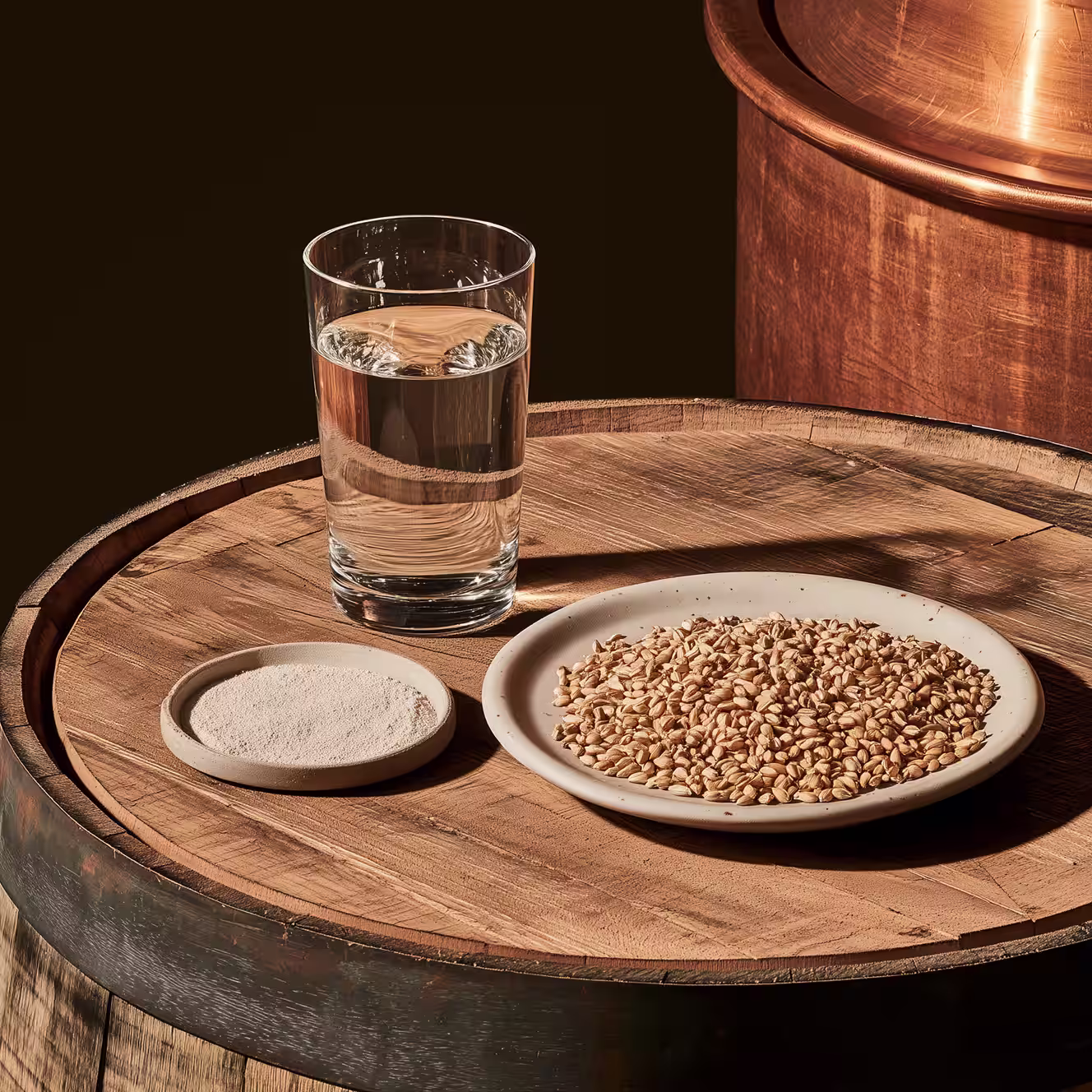 Water, yeast and grains displayed on a wooden whiskey barrel