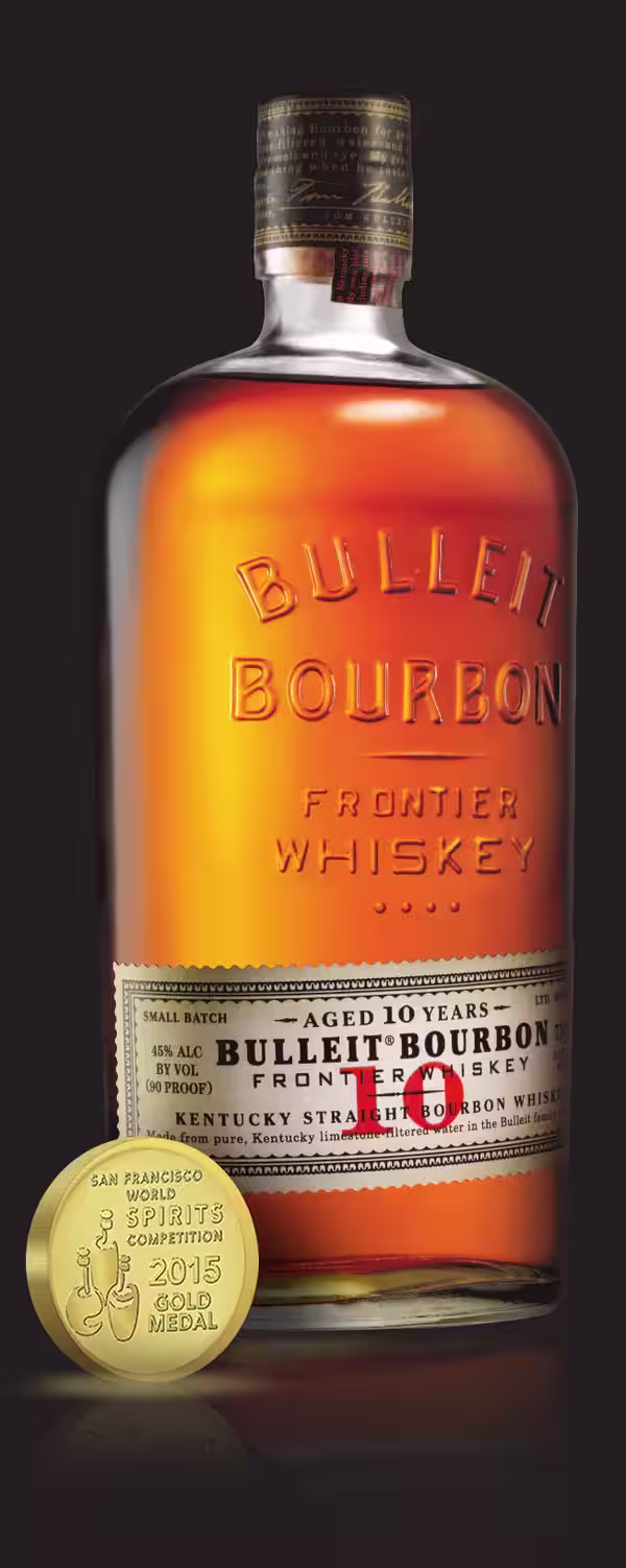 A bottle of Bulleit 10 Year Old and a gold medal from the 2015 San Francisco Spirits Competition