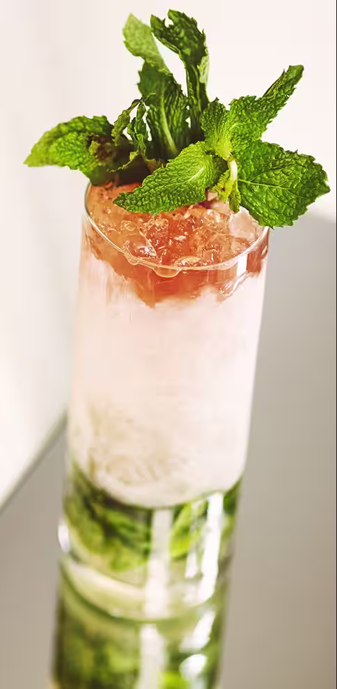 A tall glass of Bulleit Bourbon swizzle cocktail. Click to find our recipe for bourbon swizzle cocktail