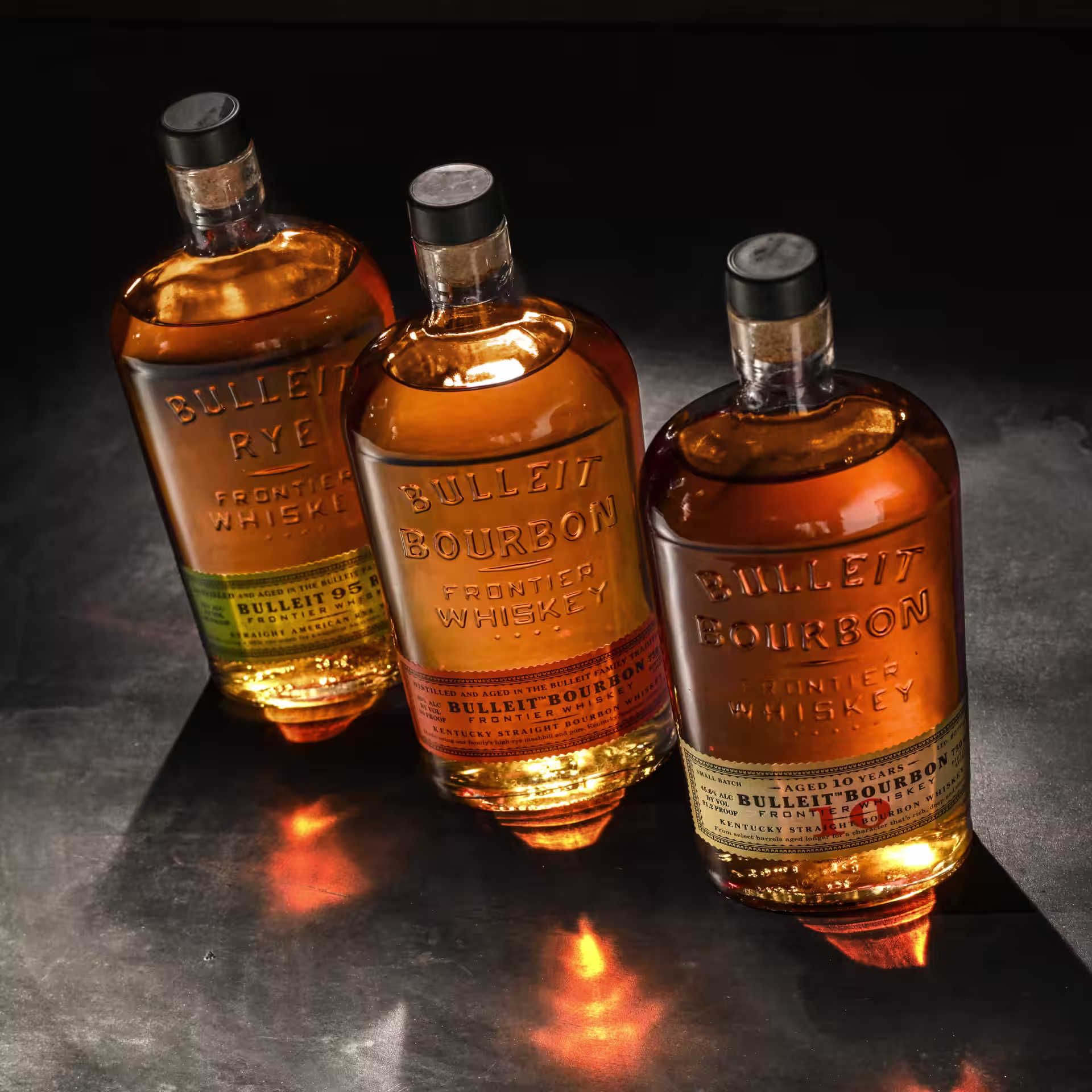 Bulleit Rye, Bulleit Bourbon and Bulleit 10 Year Bourbon whiskey bottles