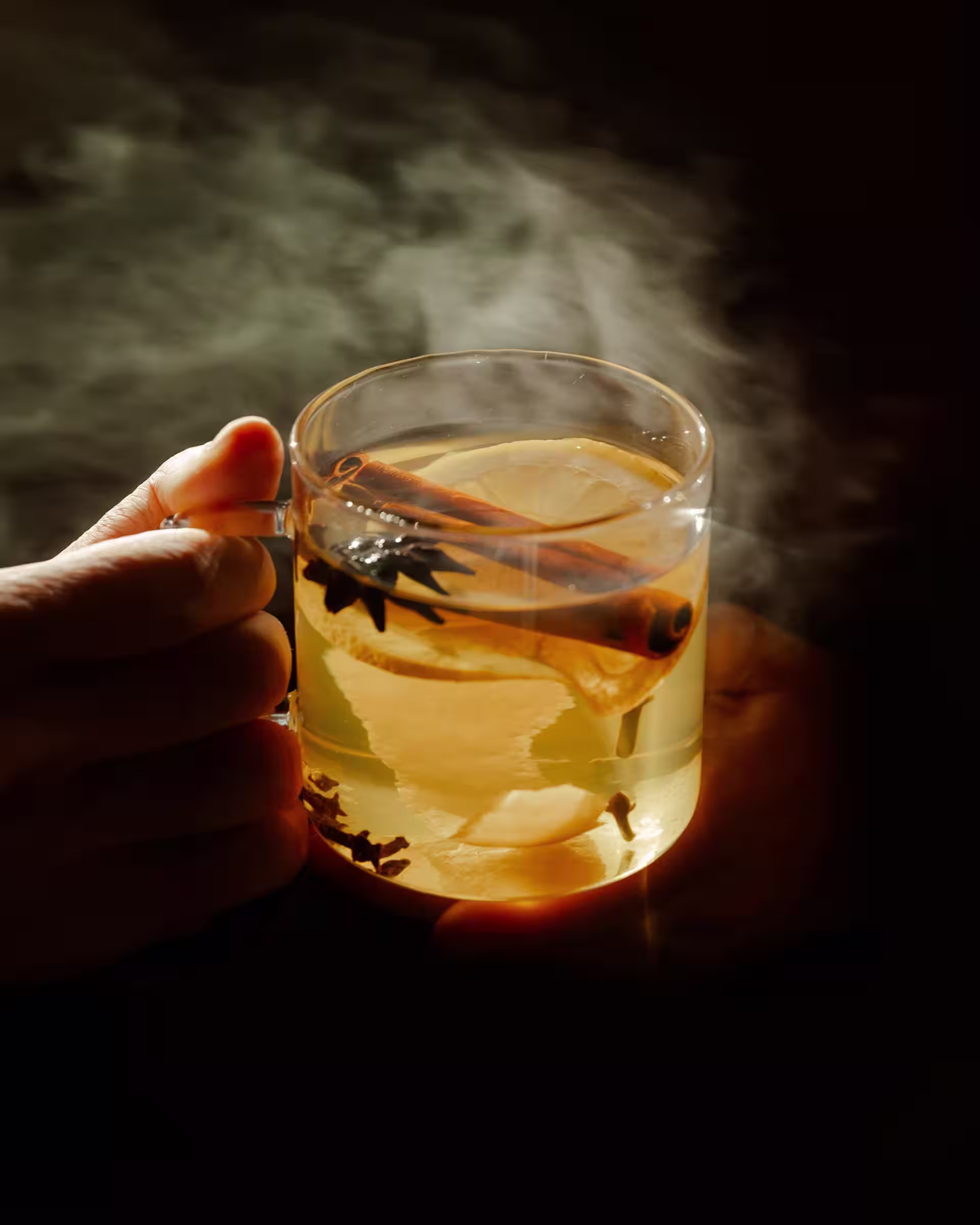 Steaming Hot Toddy cocktail with lemon, cinnamon and spices in a glass mug