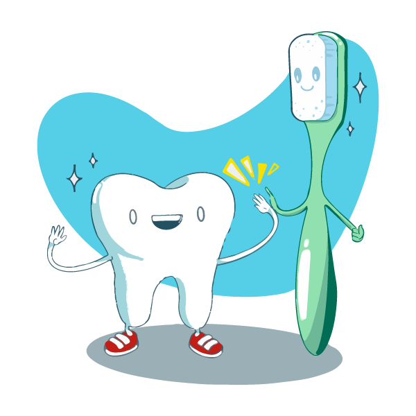 Illustration of a tooth wearing red sneakers and a green toothbrush giving one another a high five.