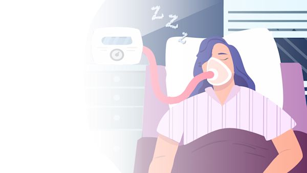 Illustration of a woman sleeping while using a CPAP machine. 