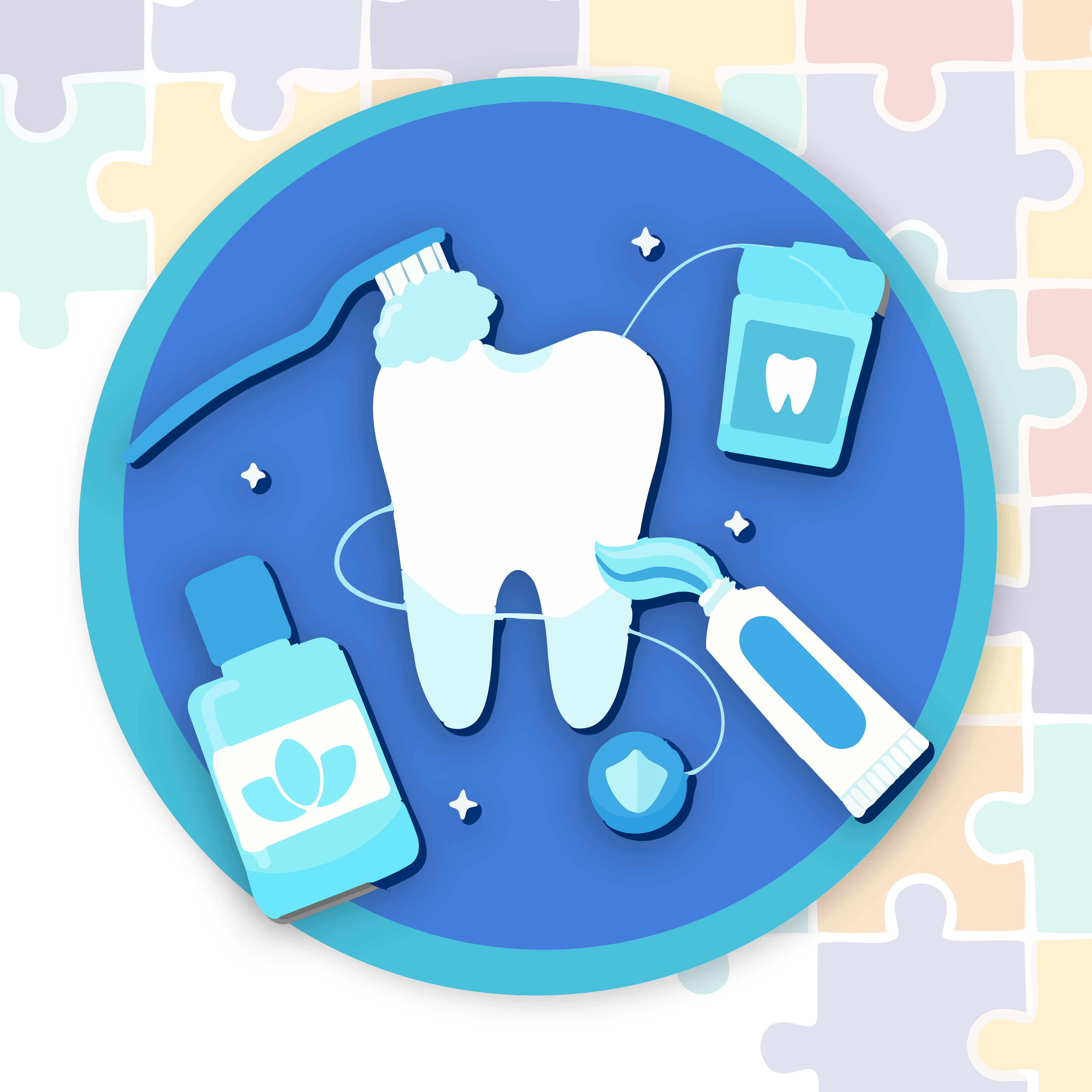 Image of a tooth surrounded by a toothbrush, toothpaste, floss and mouthwash