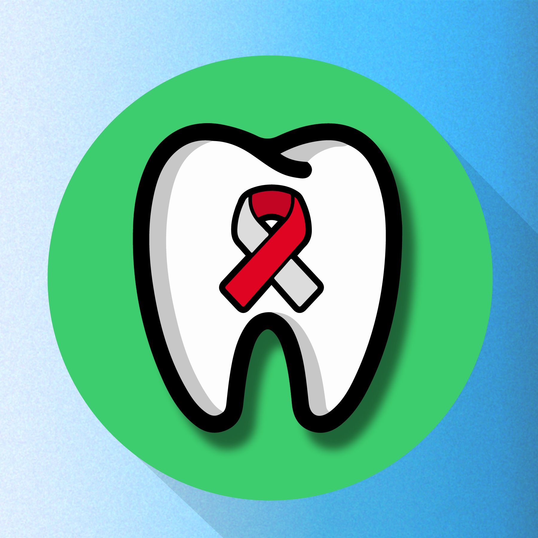 Illustration of a tooth with the red and white oral cancer awareness ribbon on it.
