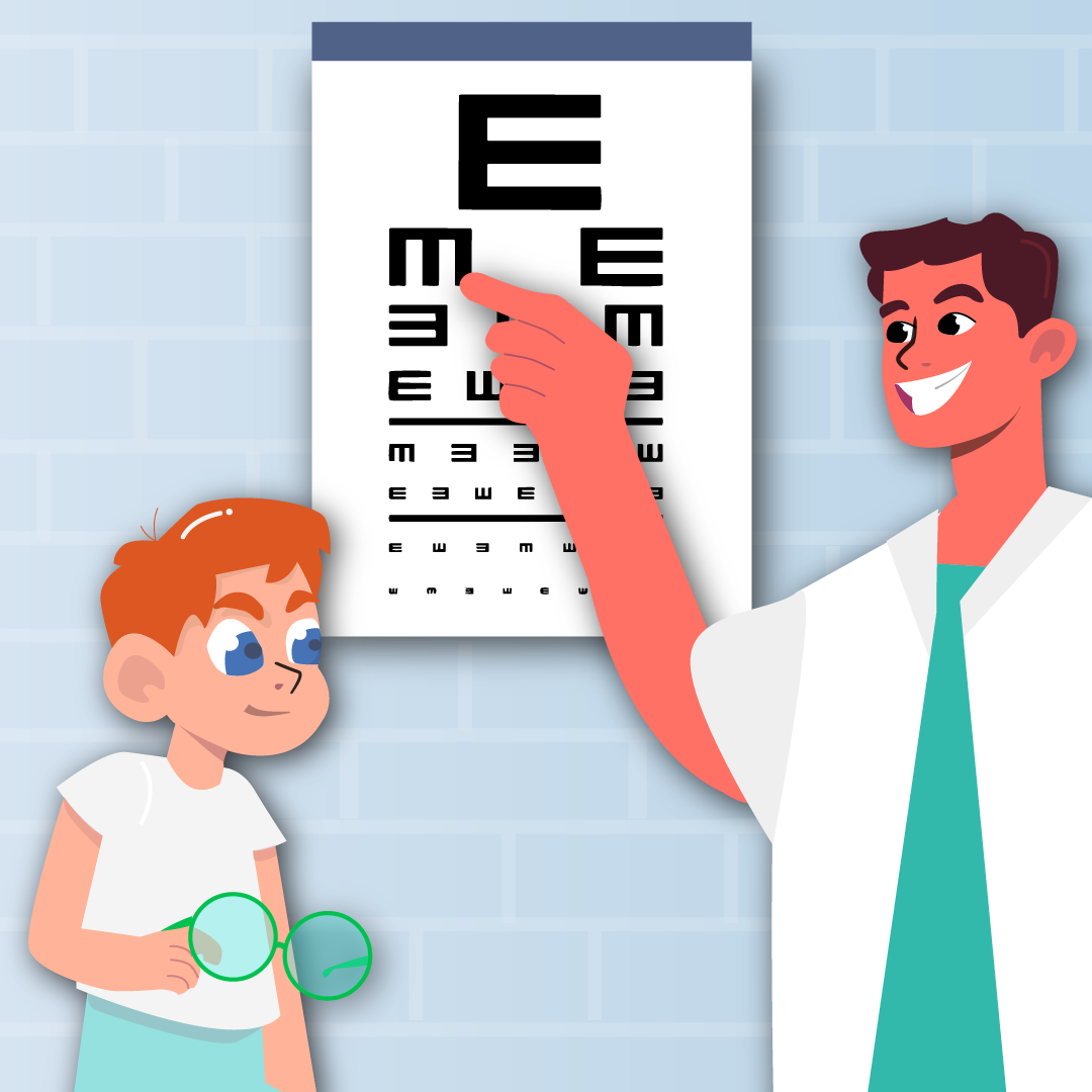 An eye doctor gives a young boy an in-office eye exam 