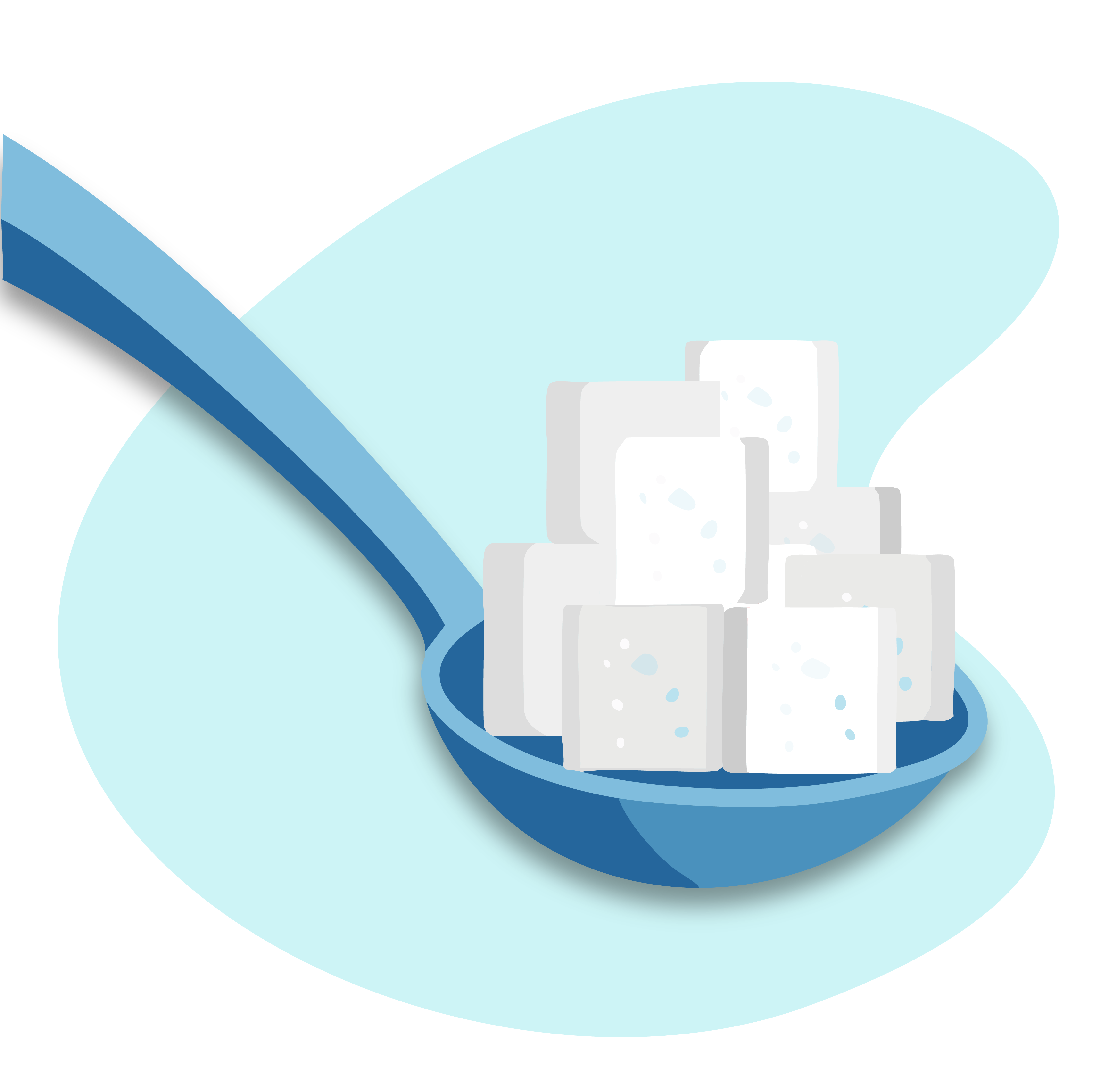 An illustration of a spoon holding many sugar cubes to represent the high sugar content in many brands of gummy vitamins.