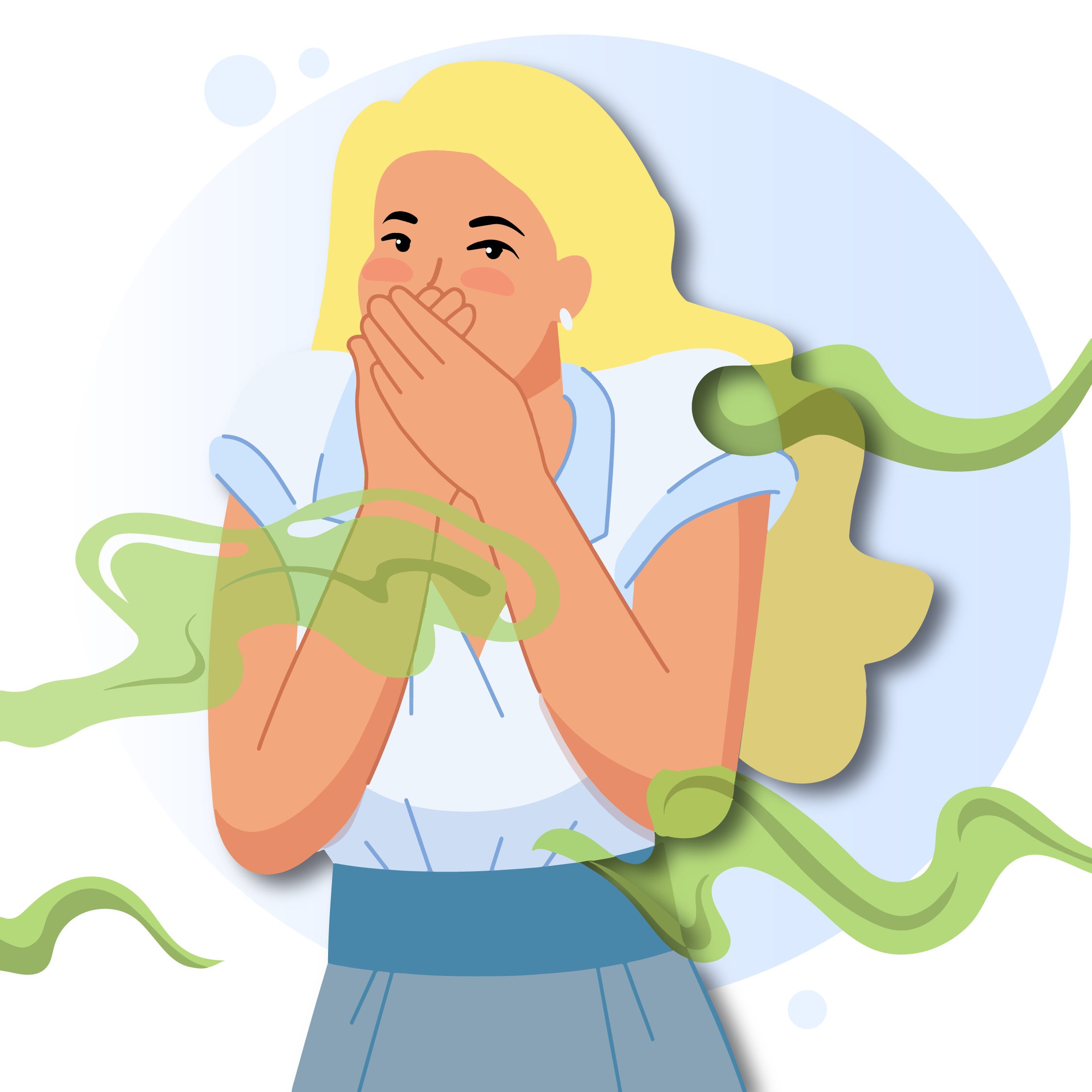 Illustration of a young woman covering her mouth when burping