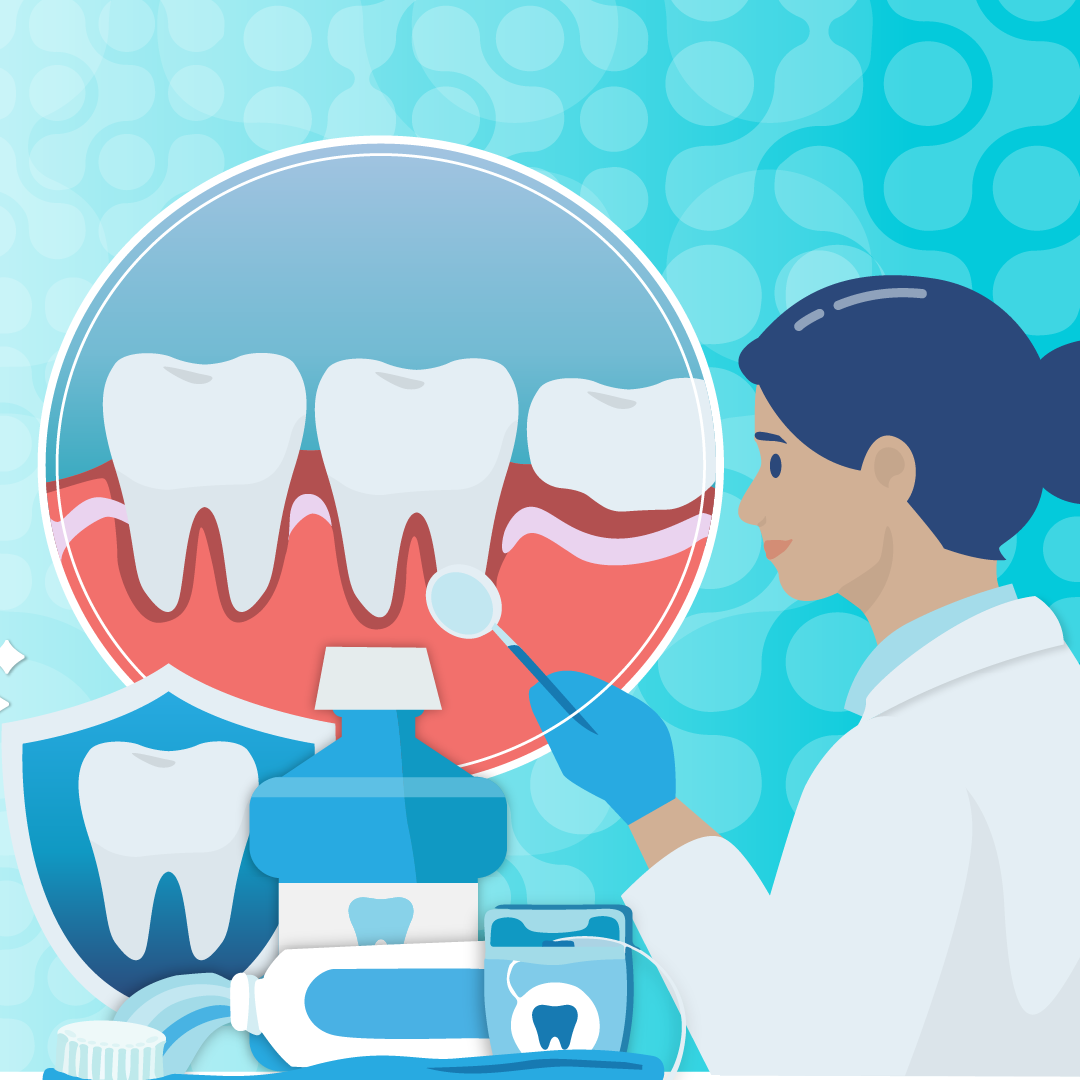 A dentist closely examines an image of a patient's teeth and gums