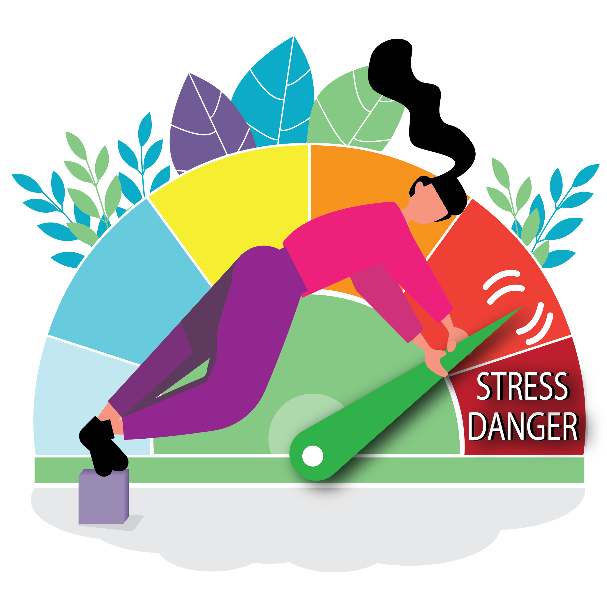 Illustration of a woman leaning on a graph measuring stress. The indicator is almost pointing to the stress level "stress danger" in a red section of the stress gauge 