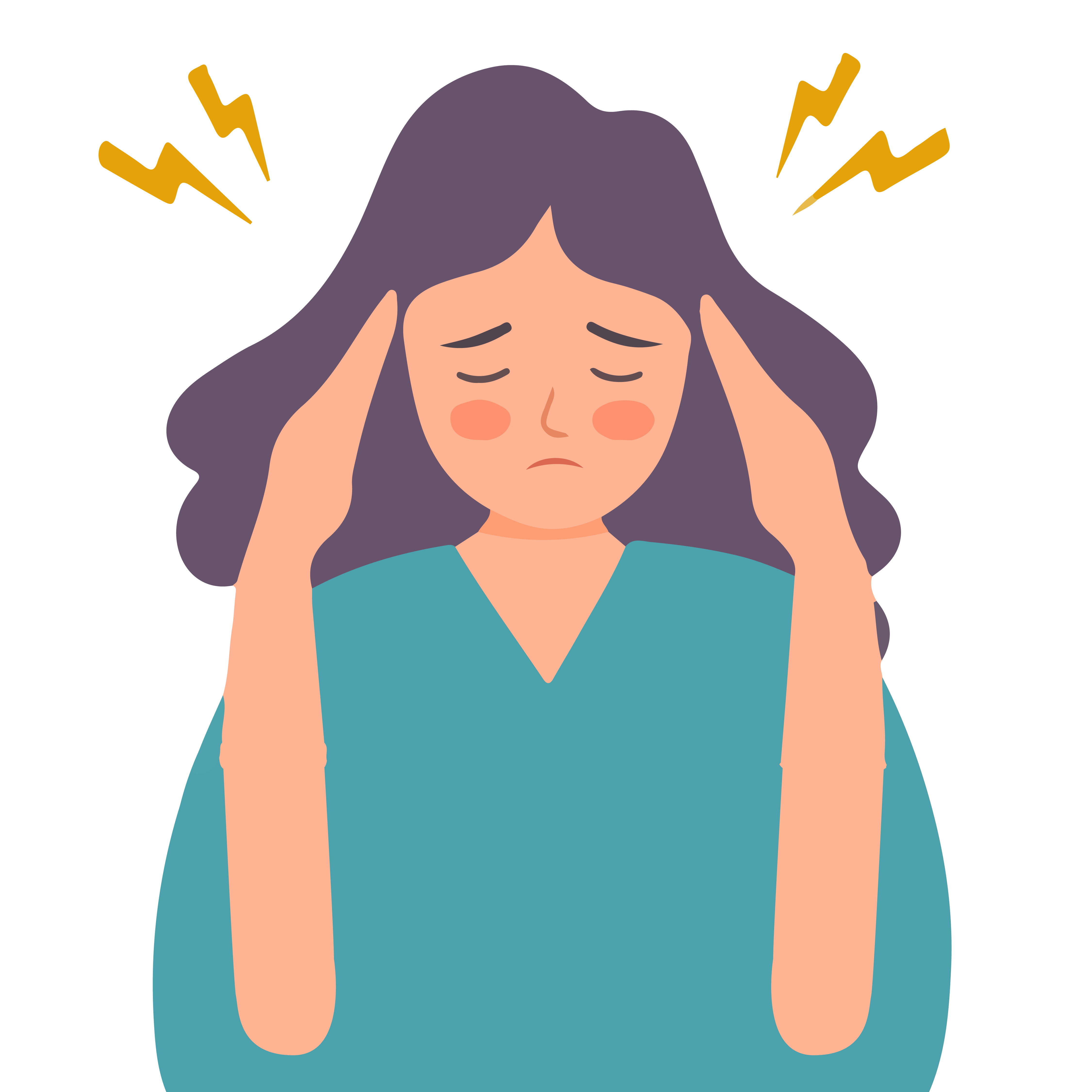 Illustration of a woman experiencing a headache as a side effect of dental anesthesia. Her hands are at her temples showing where she is in pain. 