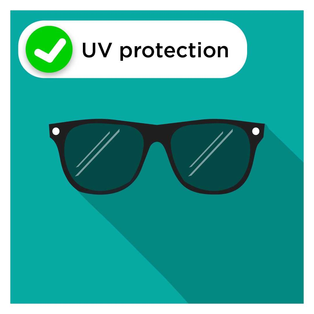 Sunglasses with a green check to show they have UV protection 