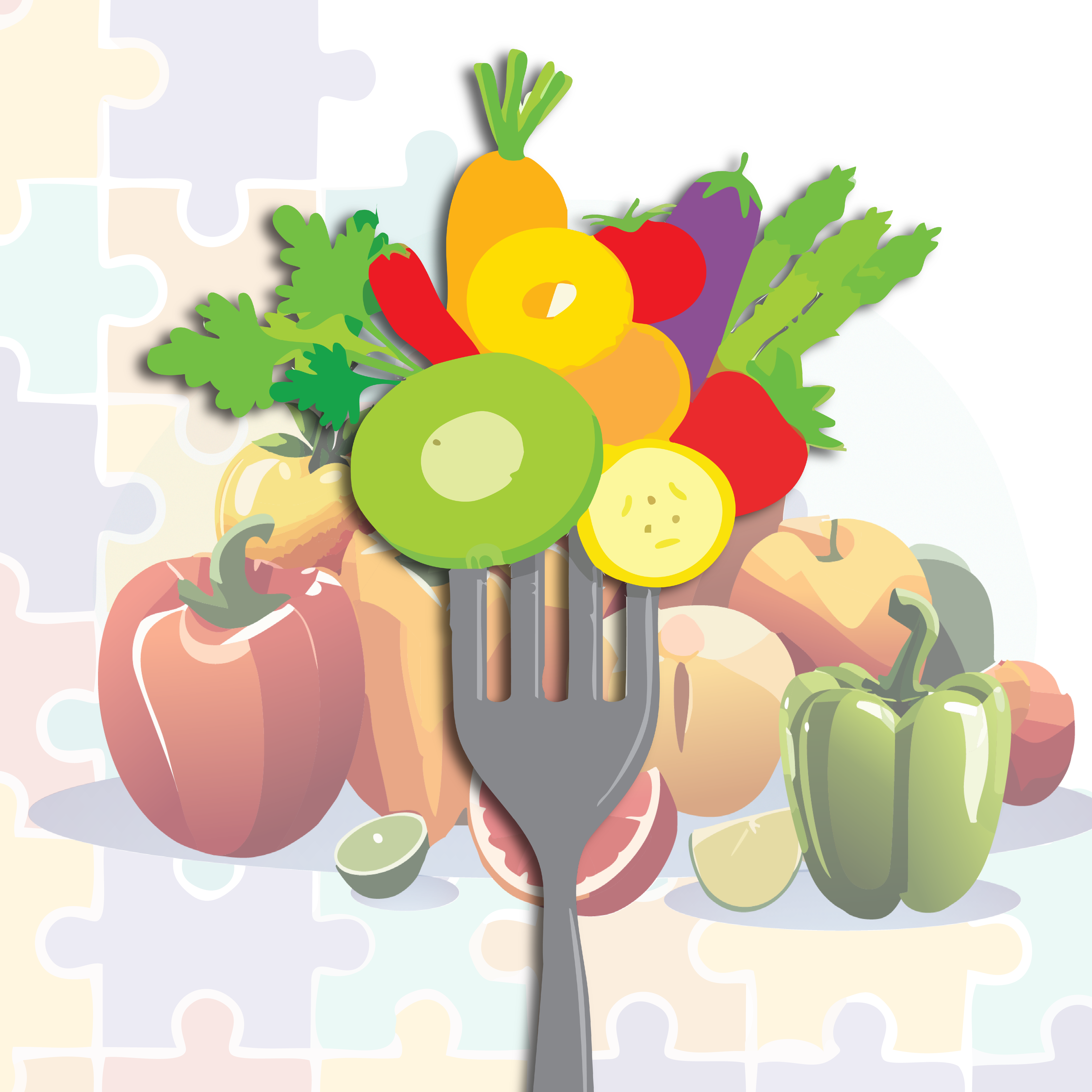 A fork filled with fruits and vegetables
