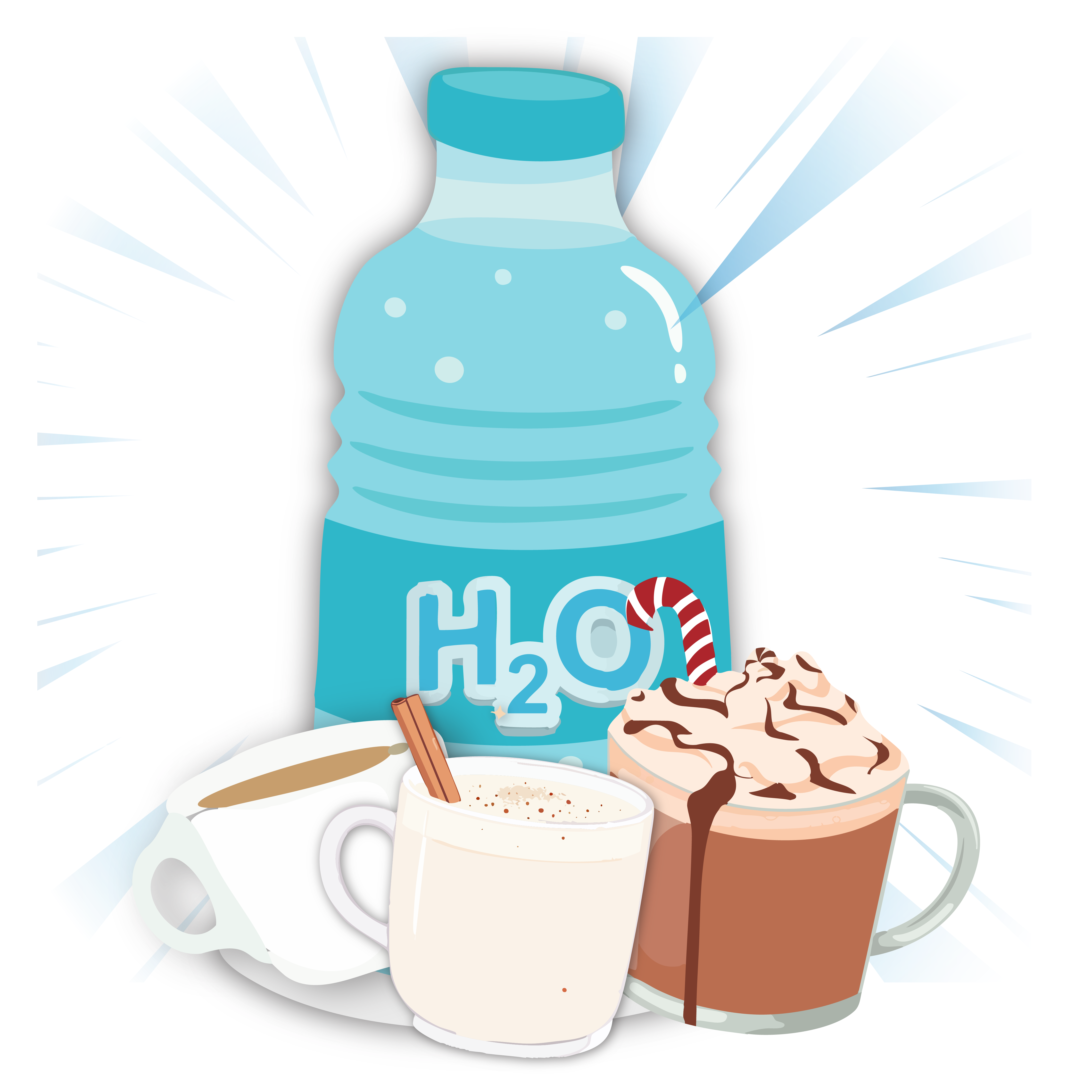 Mugs of coffee, Egg Nog, hot cocoa and a bottle of water