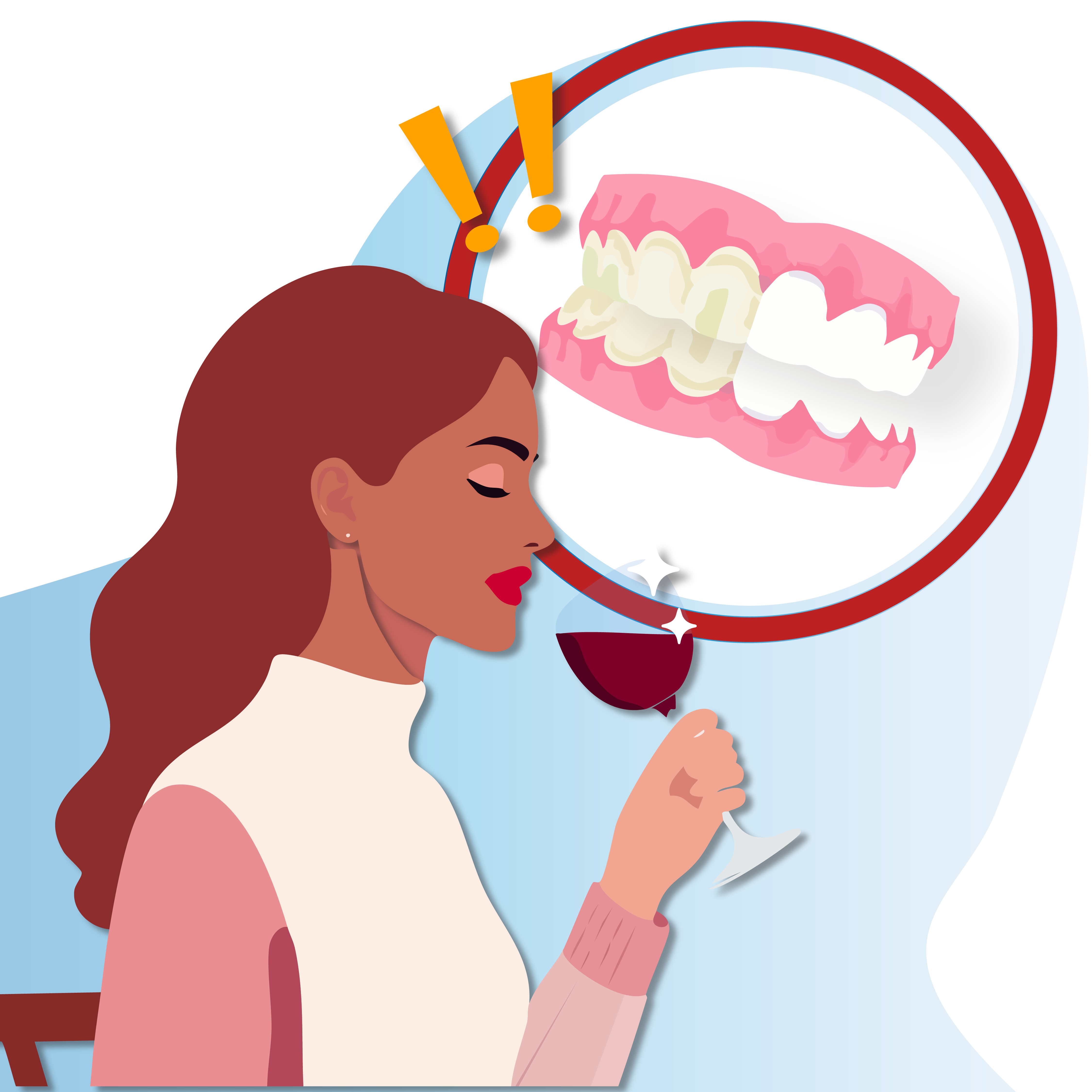 Woman drinking wine with a picture of teeth behind her showing the staining effects of the drink. 