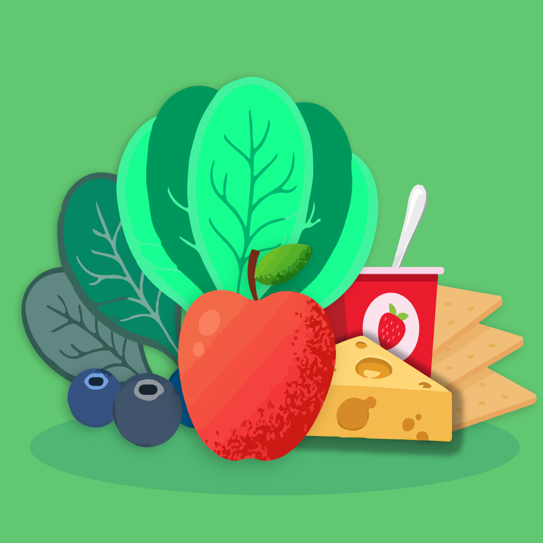 Leafy greens, fruits, vegetables, cheese and yogurt 