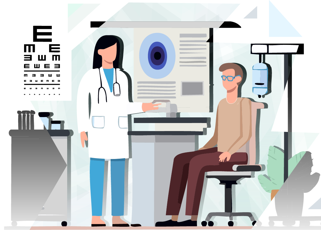 Illustration of a patient and eye doctor having an in-office visit