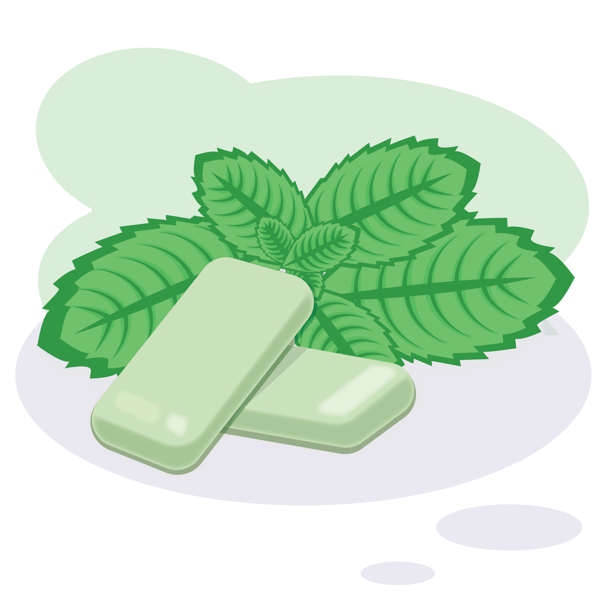 An illustration of two green sticks of gum stacked on top of and crossing one another. Mint leaves behind the gum to indicate the minty taste