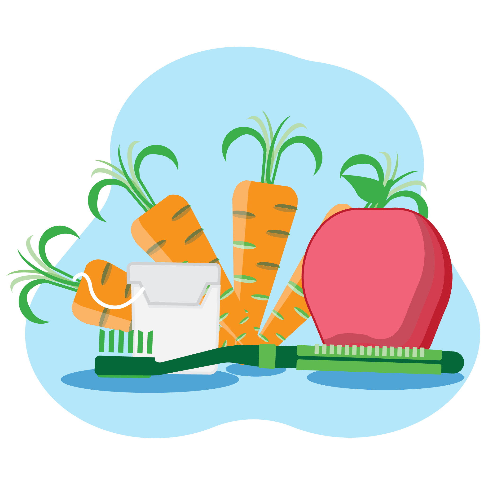 Illustration of carrots, and apple, floss and a toothbrush