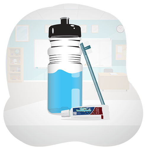 Illustration of a clear, refillable water bottle, a toothbrush and tube of children's toothpaste