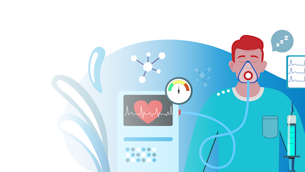 Illustration showing a patient being sedated using general anesthesia in a dental office. The patient's anesthesia is being dispensed via face mask and it is indicated that it is deep sedation by "Zzz" appearing in the image. Their vitals are being monitored by a heart monitor to the side of the image. 