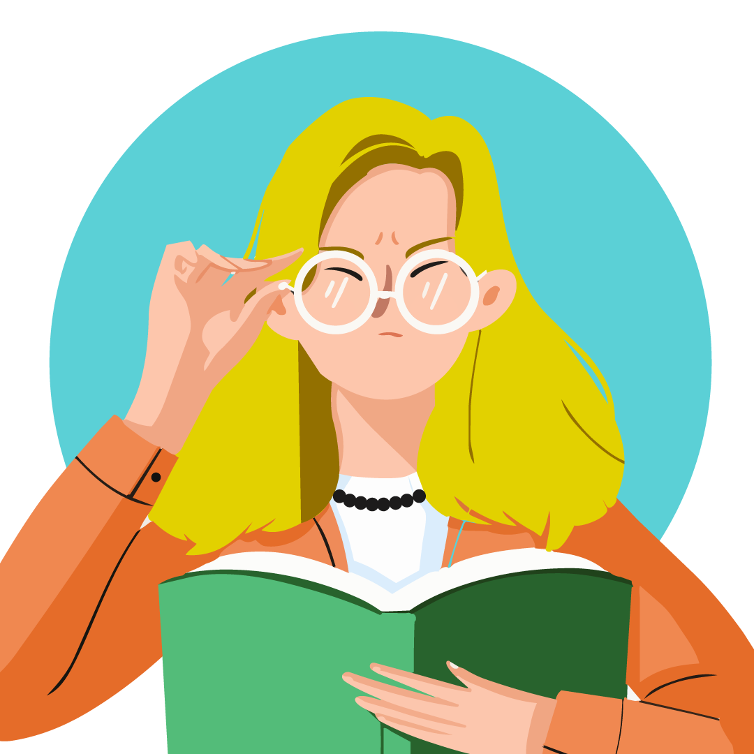 young woman squints and adjusts her glasses as she tries to read a book 