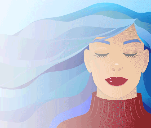 Animated illustration of a young woman with blue hair and red lips. Her hair is moving as it is being blown by the wind