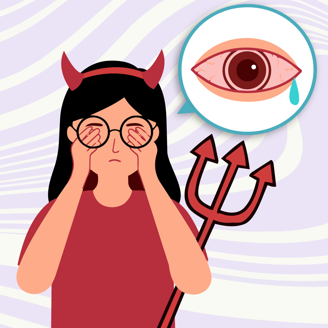 Illustration of a Halloween costume that has a pitchfork with a warning to be safe around your eyes