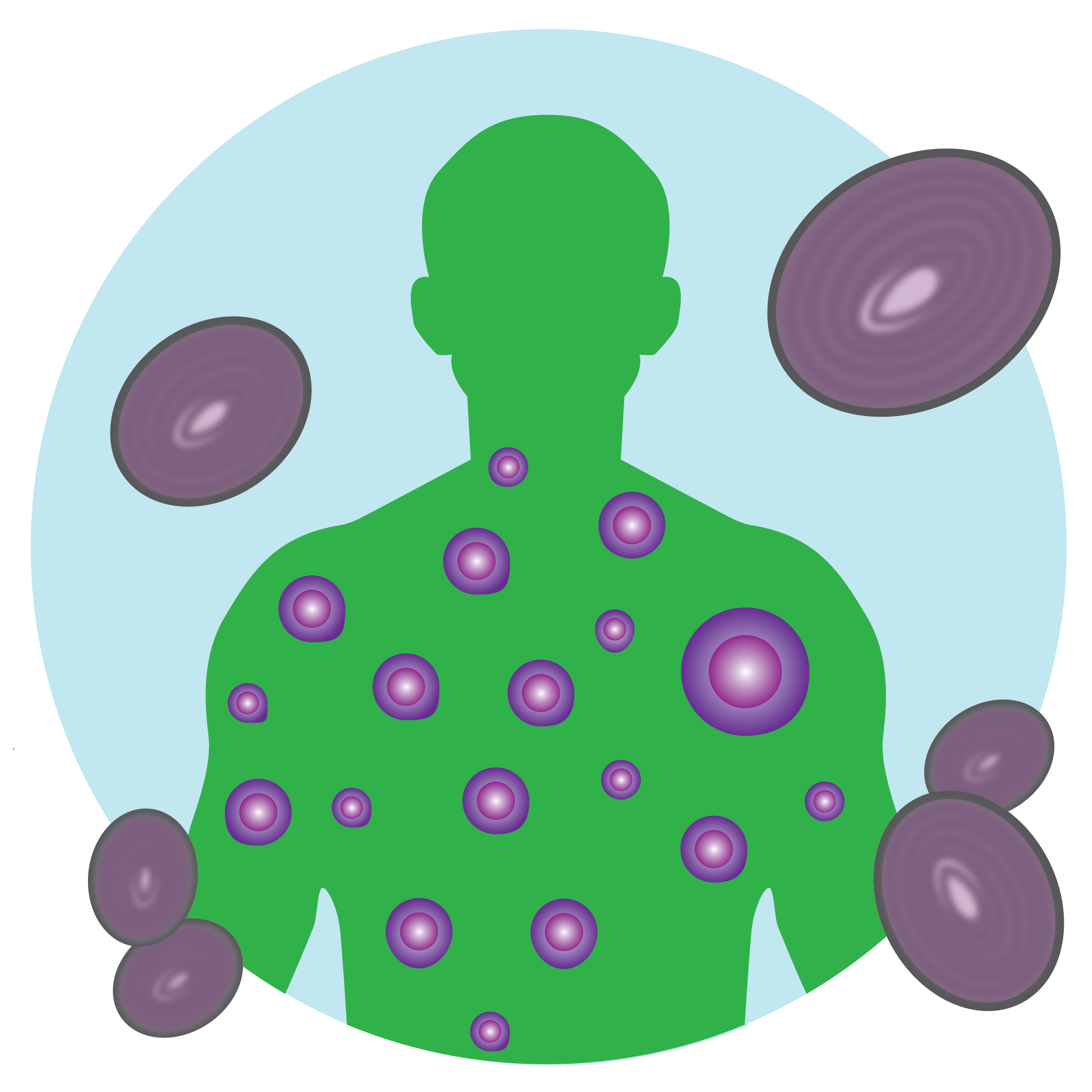 Illustrated figure displaying a rash or infection and germ particles representing monkeypox particles 