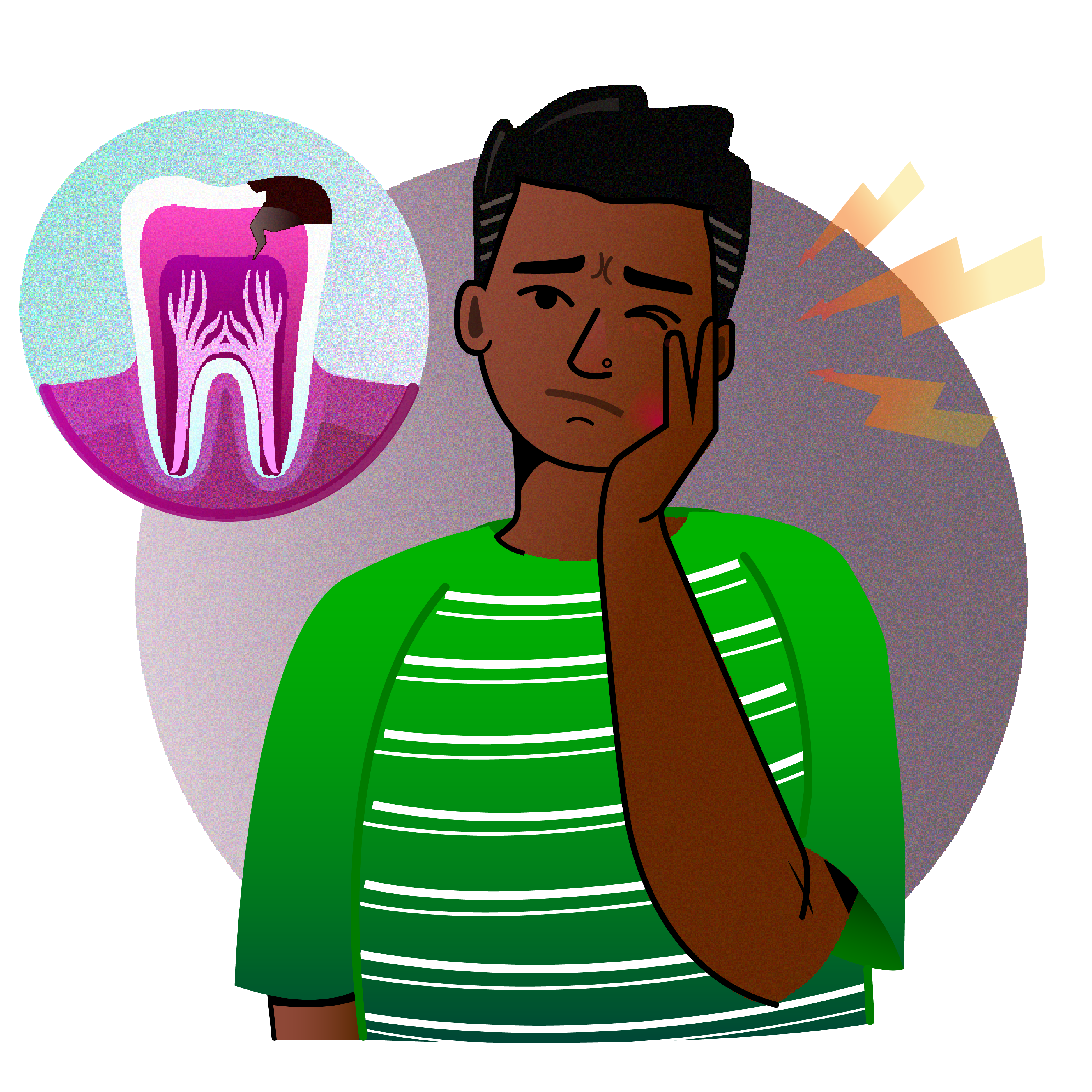 Illustration of a young man with tooth pain. A cutaway image shows a tooth with a dark spot of tooth decay