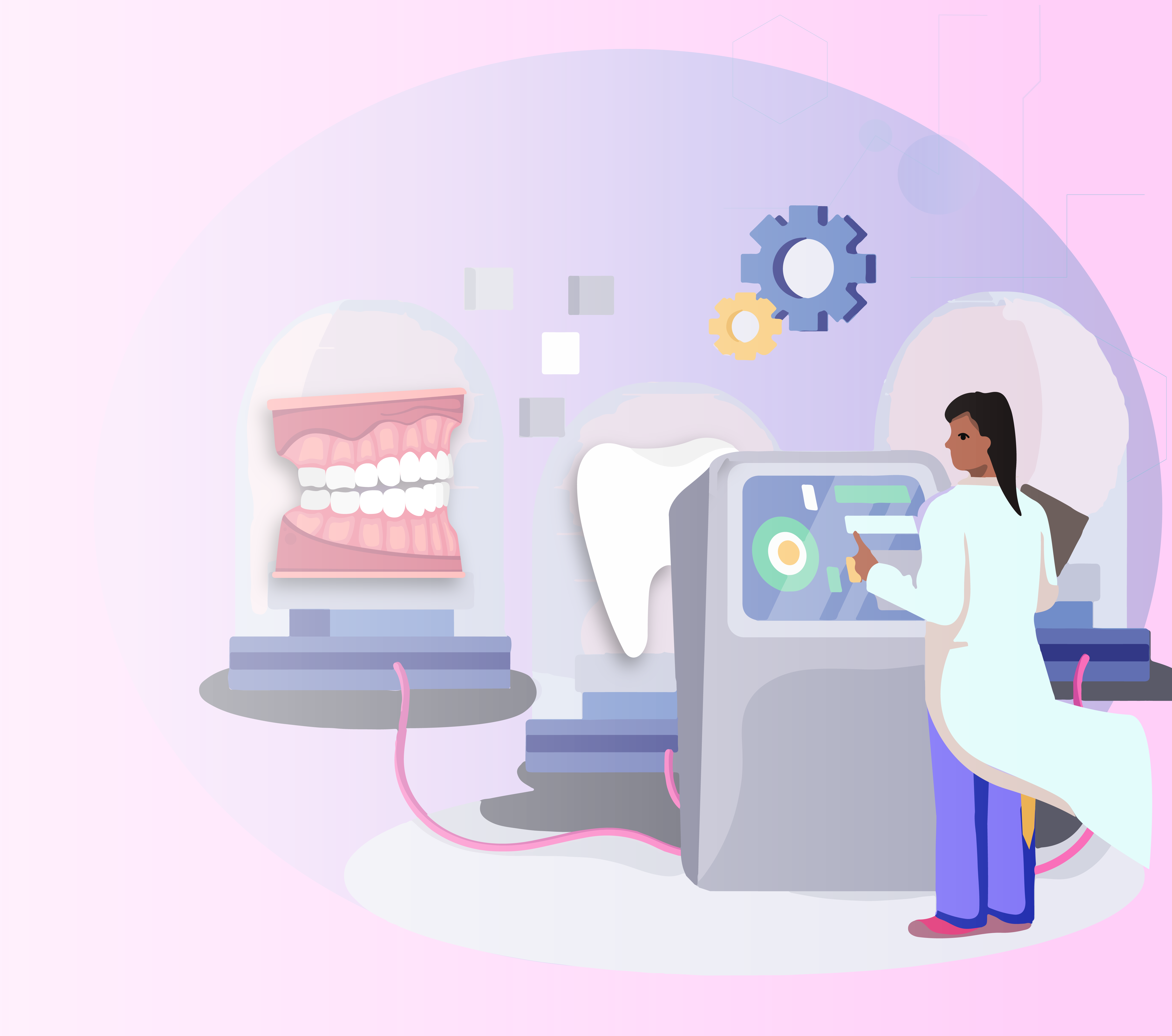 Illustration of a dentist taking and reviewing digital images of a patient's teeth and gums to design a custom same-day dental crown, with the patient represented by only the teeth and gums for a simplified depiction of the process.